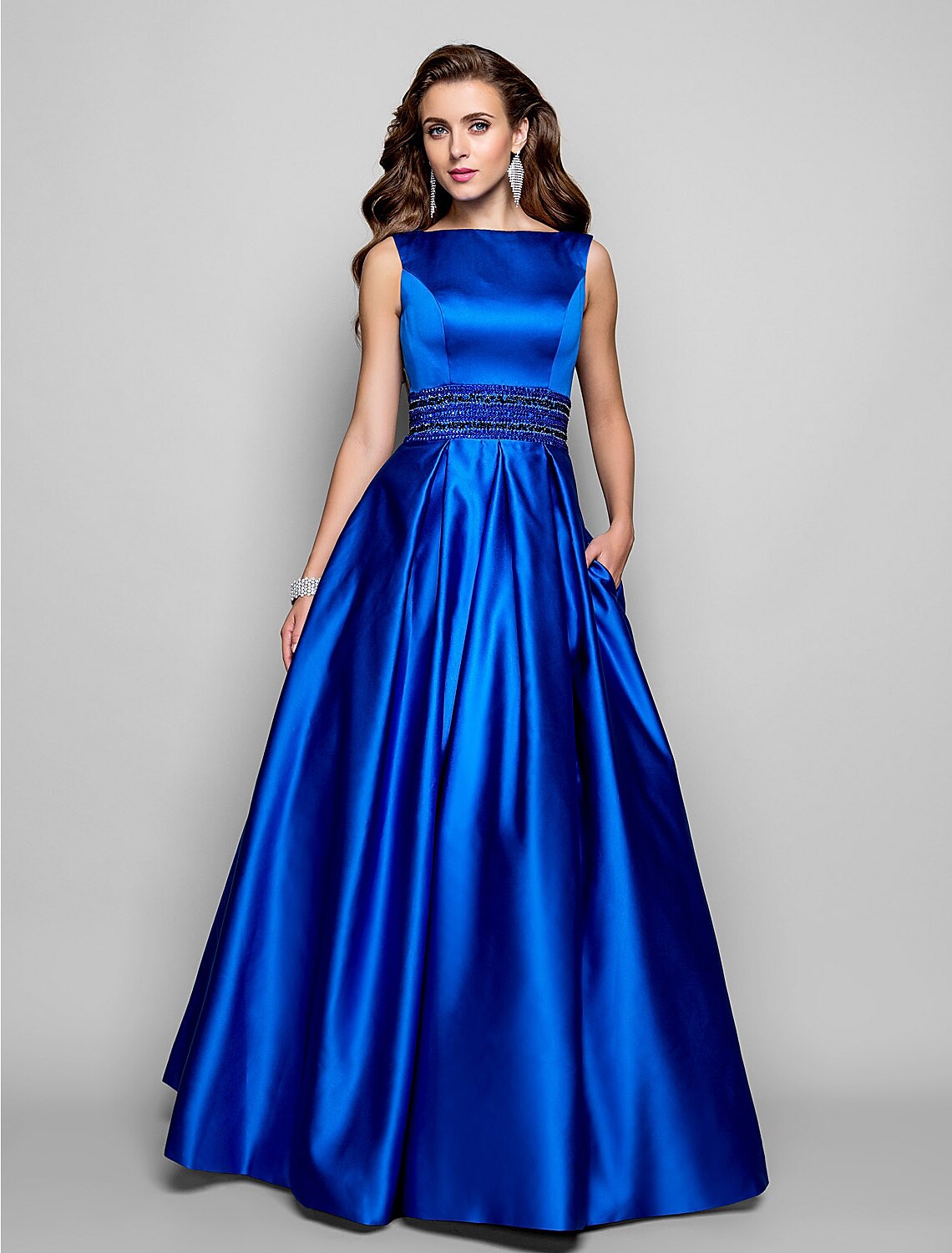 A-Line Elegant Dress Wedding Guest Prom Floor Length Sleeveless Boat Neck Pocket Satin with Pleats Beading